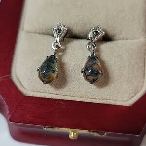 Sterling Silver Teardrop Dendritic Agate Drop Earrings - Green Brown